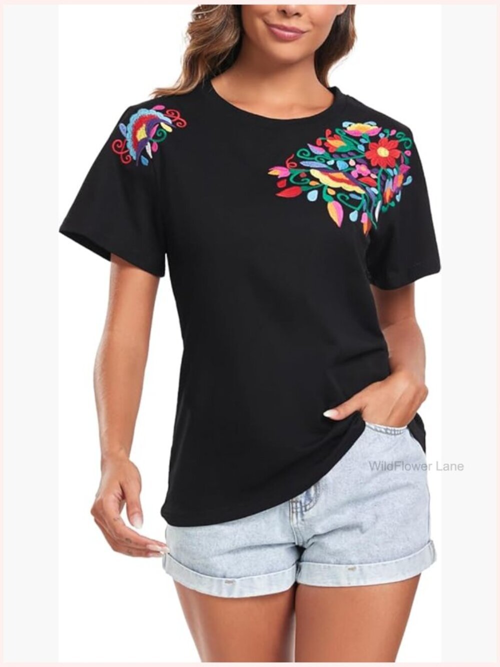 Traditional Embroidered Floral Tunic Top Short Sleeve Bohemian Blouse